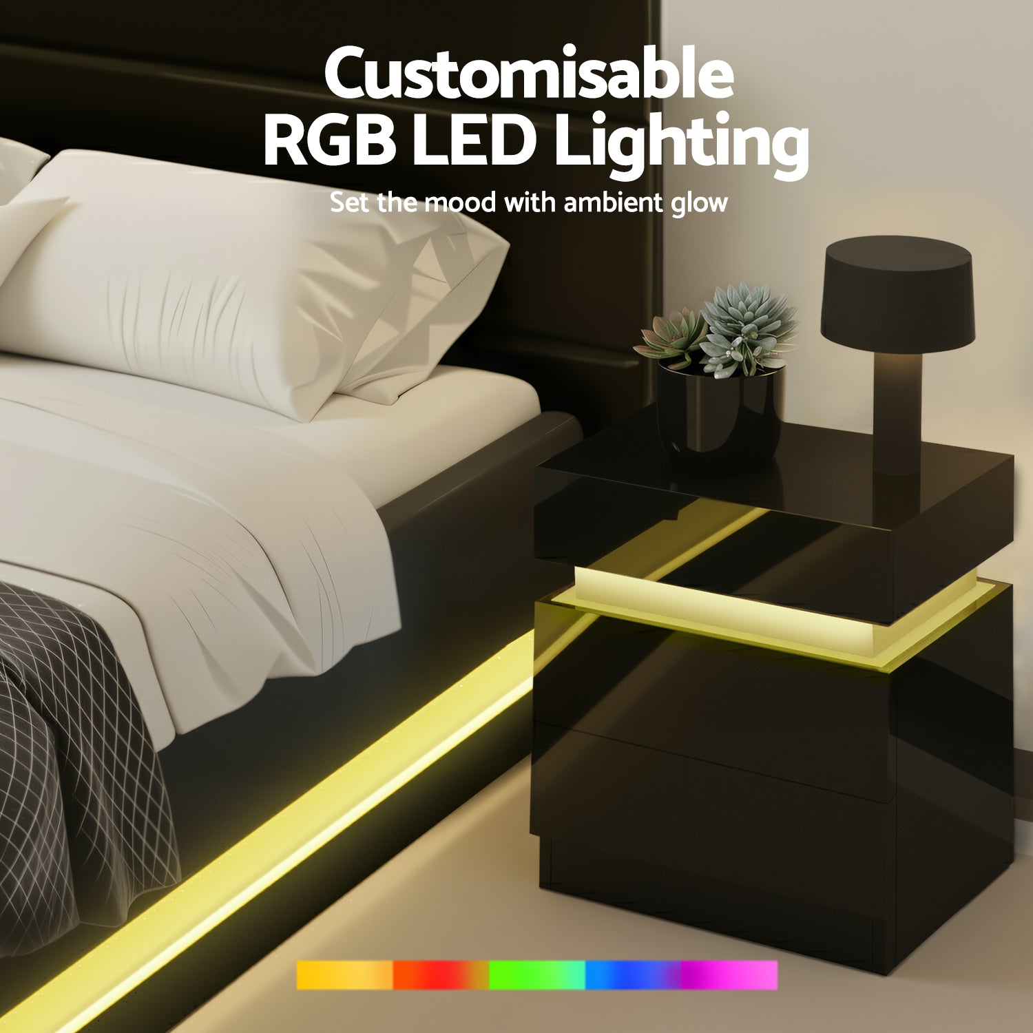 Artiss RGB LED Queen Bed Frame with 2 Beside Tables Set 16 Colour Mood Lighting-5
