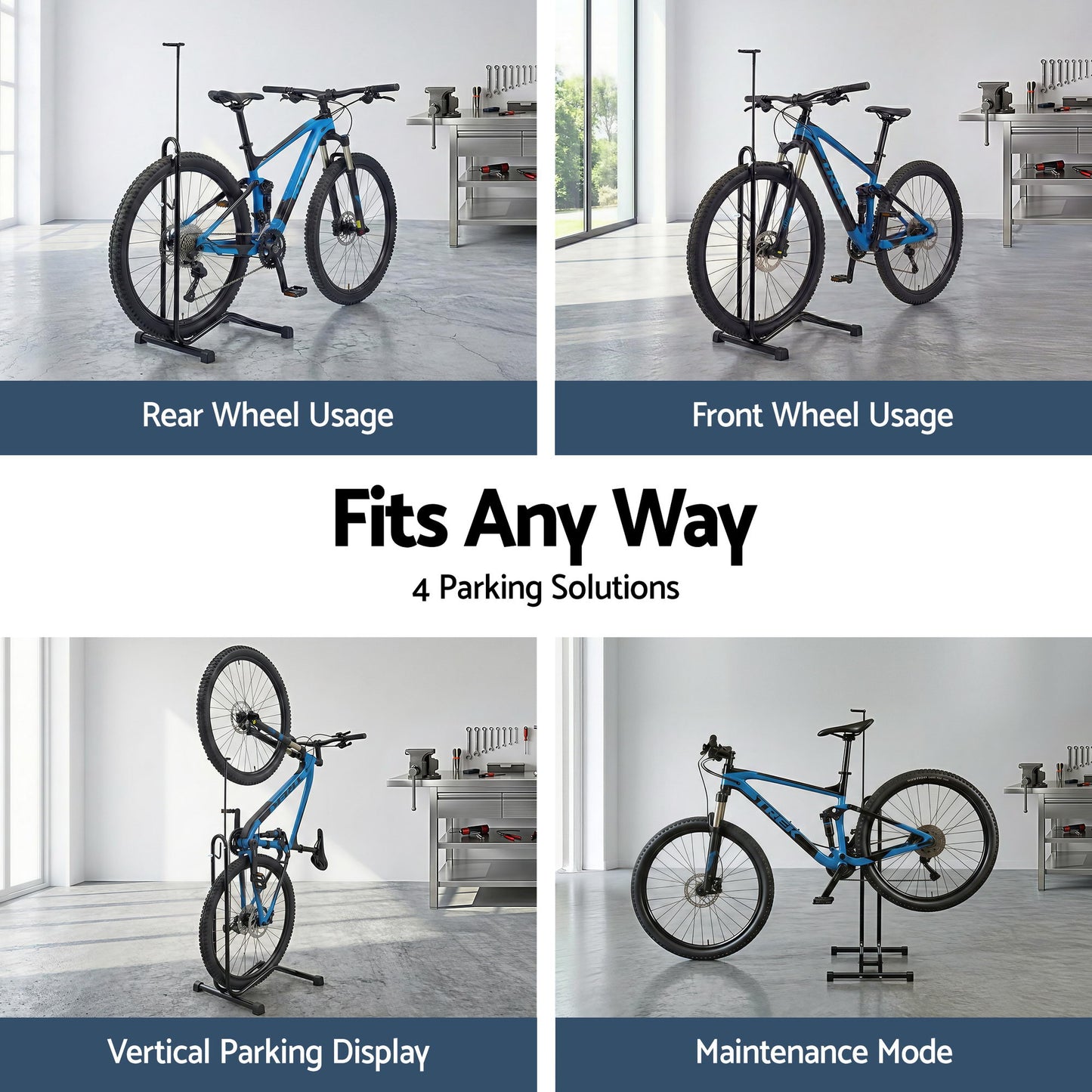 Weisshorn 4-in-1 Bike Parking Stand Vertical Floor Storage Rack for 24"-27.5" Bicycles, Adjustable Height Repair Maintenance Stand, Stable Indoor Garage Space Saver with Non-slip Rubber Feet