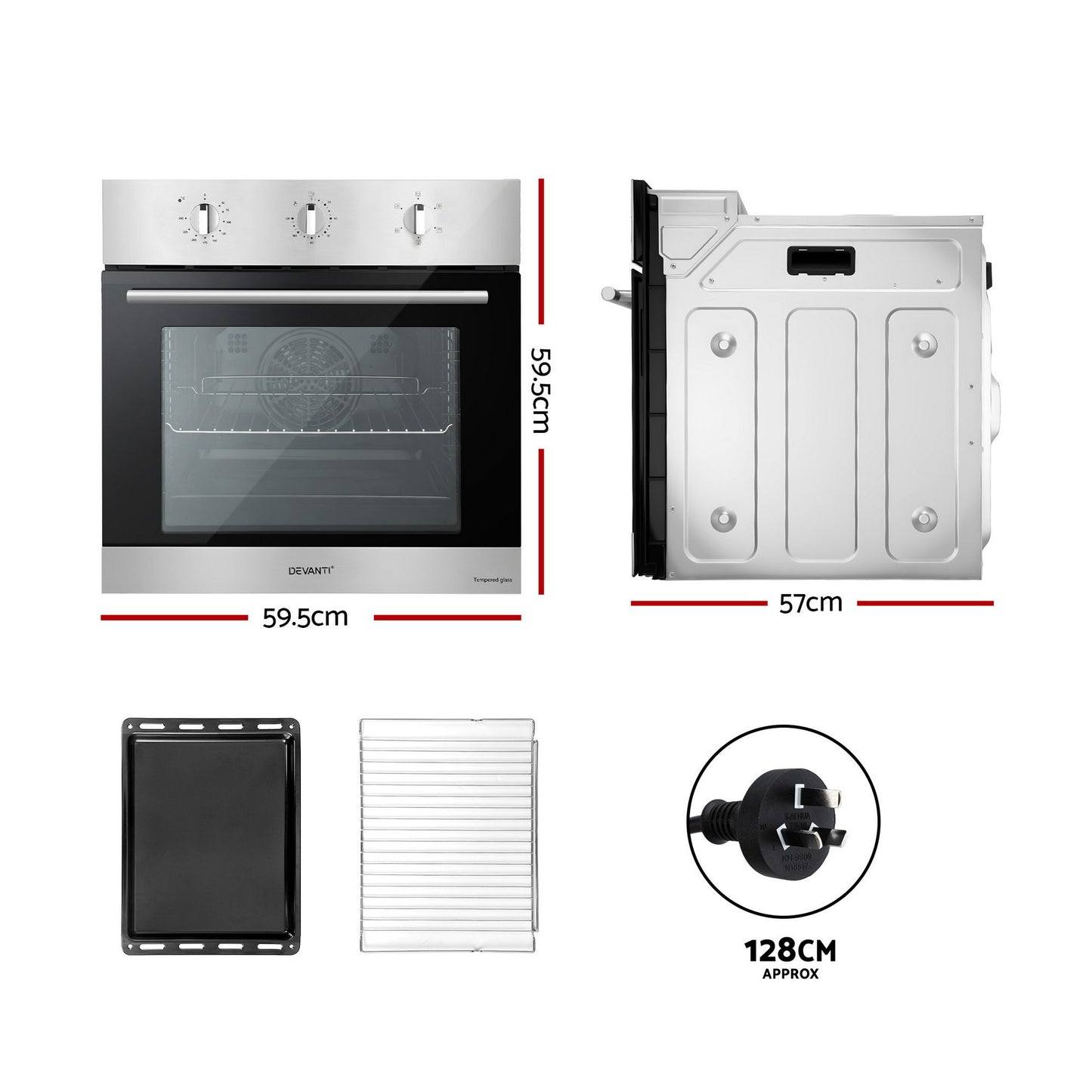 Devanti 60cm Electric Built In Wall Oven Stainless Steel 70L Silver