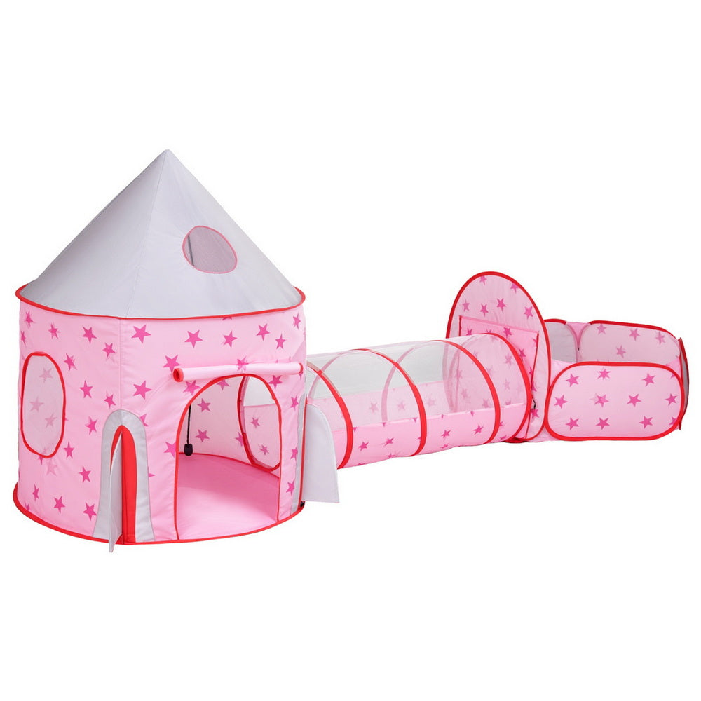 Keezi Kids Playhouse Play Tent Pop Up Castle Crawl Tunnel Basketball Hoop Pink-0