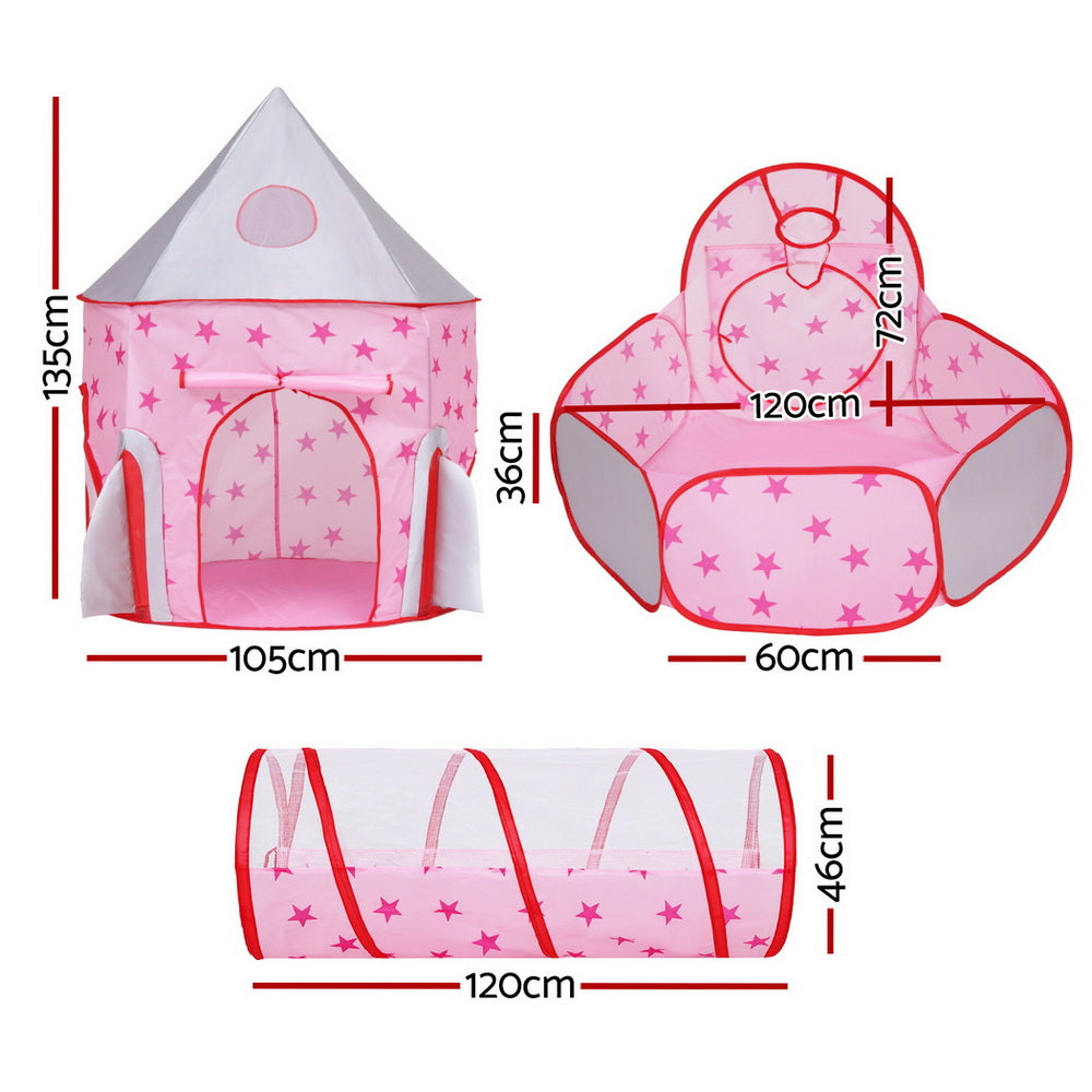 Keezi Kids Playhouse Play Tent Pop Up Castle Crawl Tunnel Basketball Hoop Pink-1