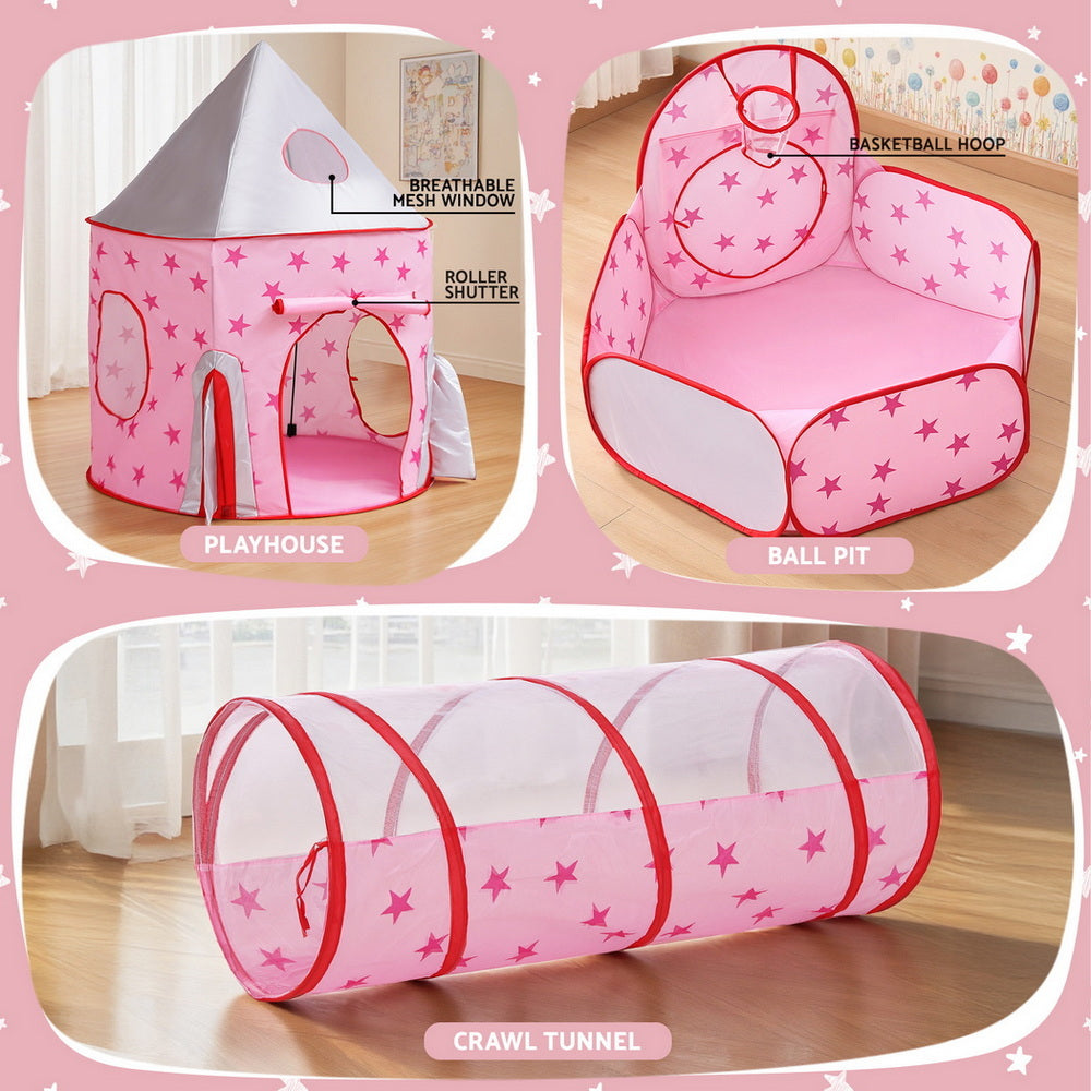 Keezi Kids Playhouse Play Tent Pop Up Castle Crawl Tunnel Basketball Hoop Pink-4