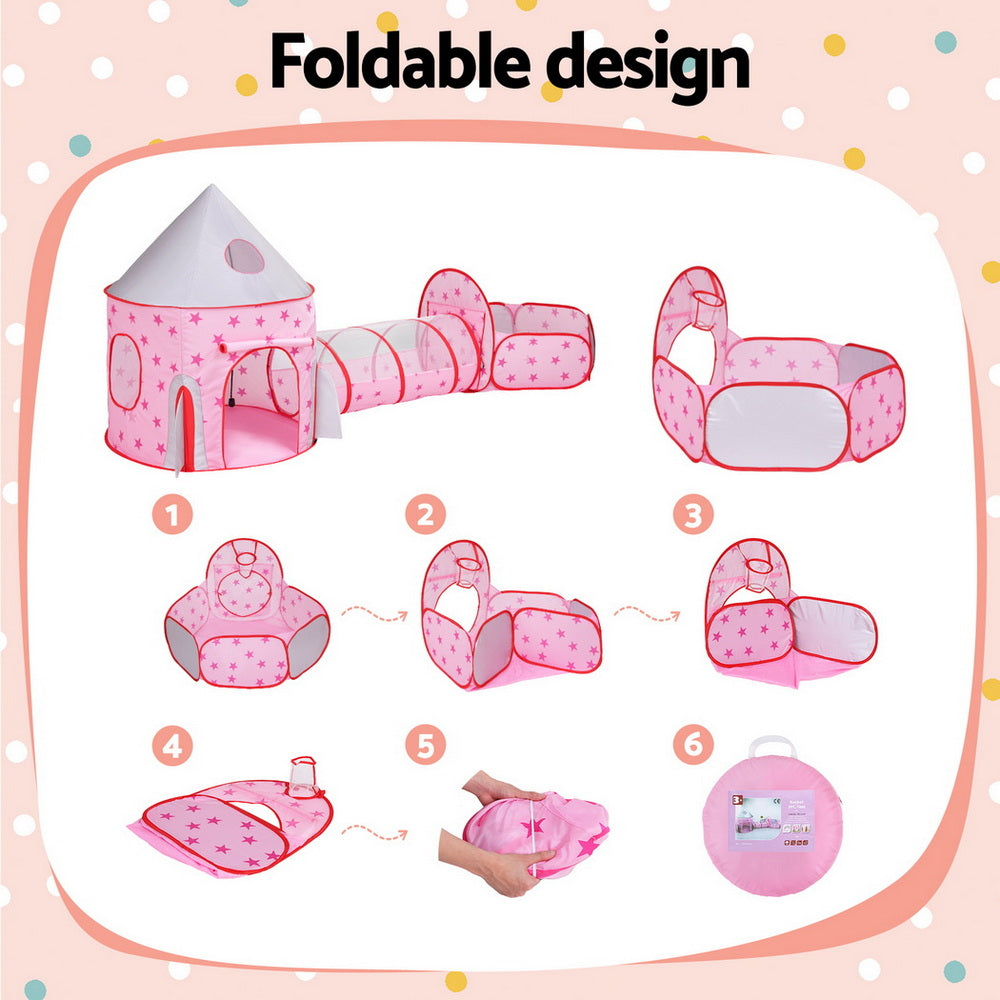 Keezi Kids Playhouse Play Tent Pop Up Castle Crawl Tunnel Basketball Hoop Pink-5