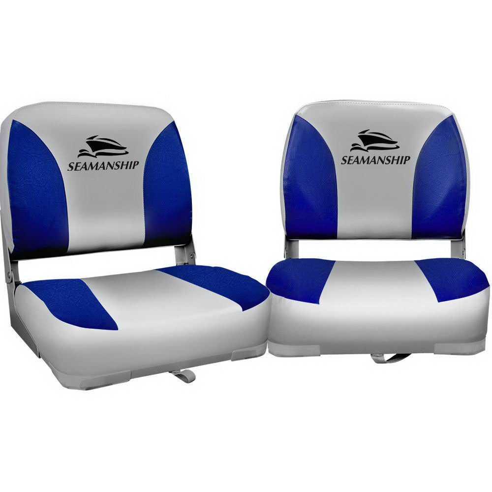 Seamanship 2X Folding Boat Seats Marine Swivel Low Back 13cm Padding Grey Blue-0