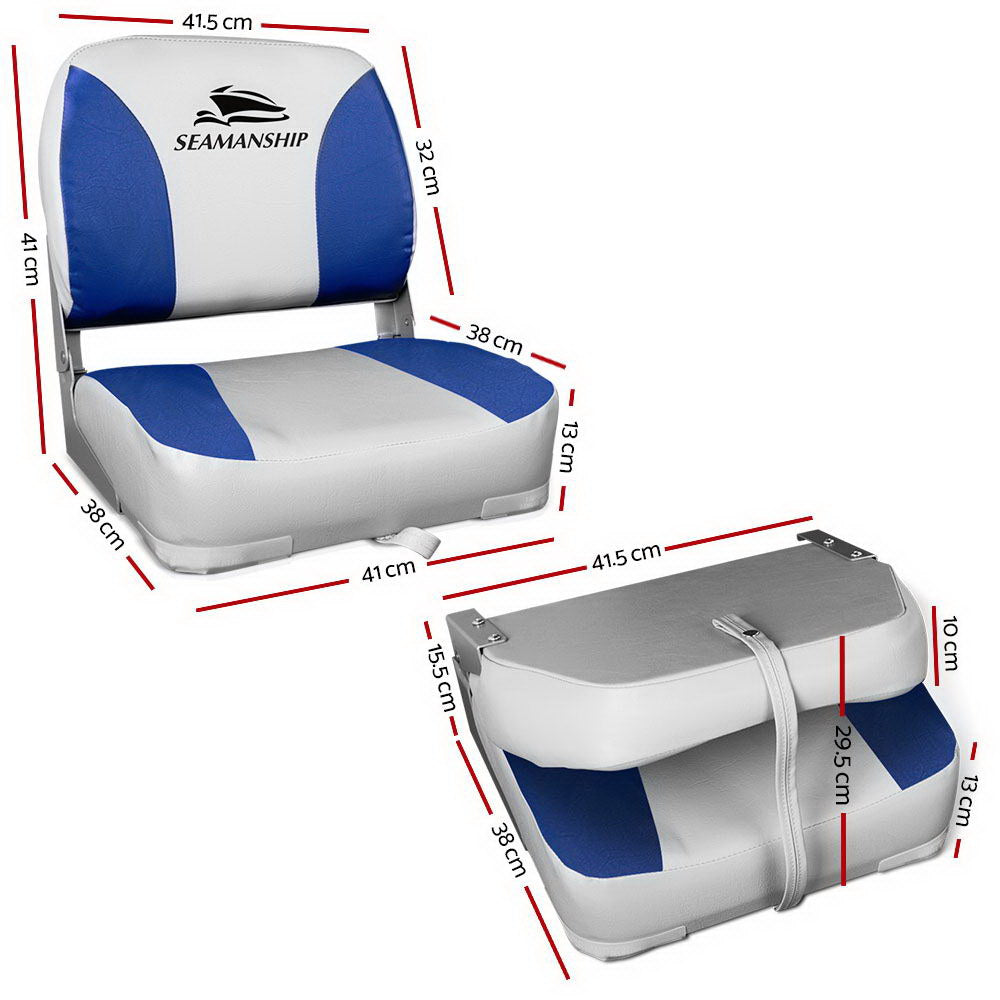 Seamanship 2X Folding Boat Seats Marine Swivel Low Back 13cm Padding Grey Blue-1