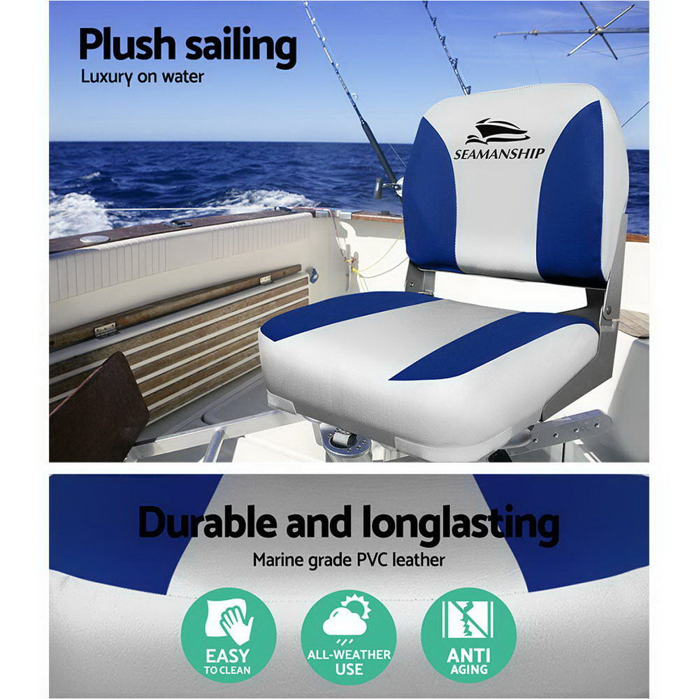 Seamanship 2X Folding Boat Seats Marine Swivel Low Back 13cm Padding Grey Blue-3