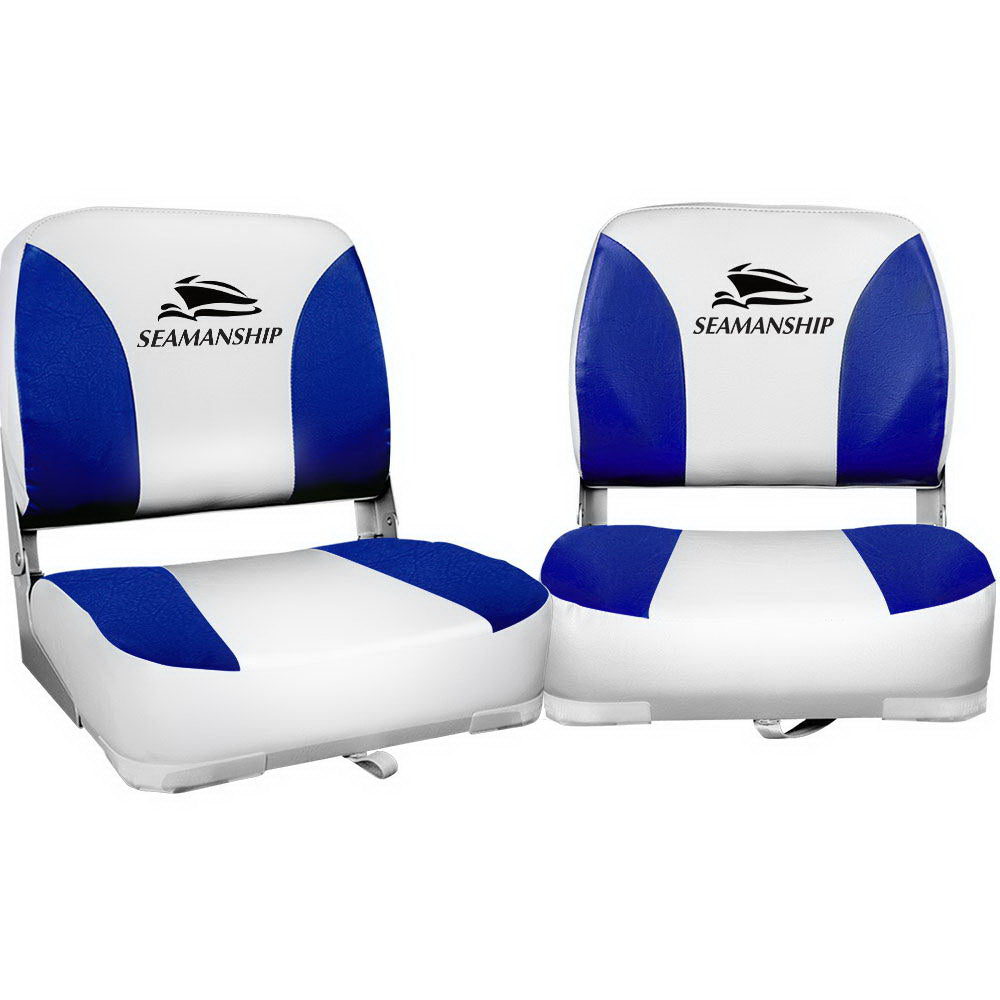 Seamanship 2X Folding Boat Seats Marine Swivel Low Back 13cm Padding White Blue-0