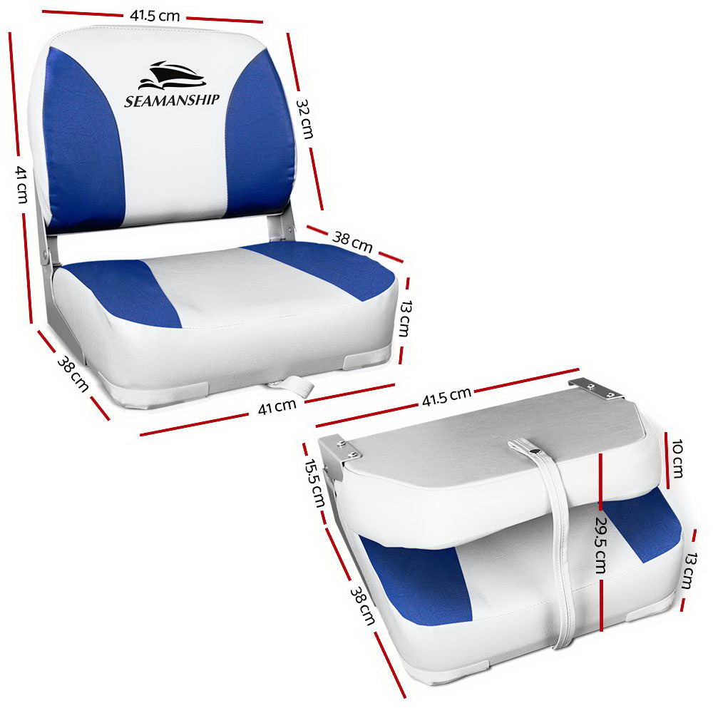 Seamanship 2X Folding Boat Seats Marine Swivel Low Back 13cm Padding White Blue-1