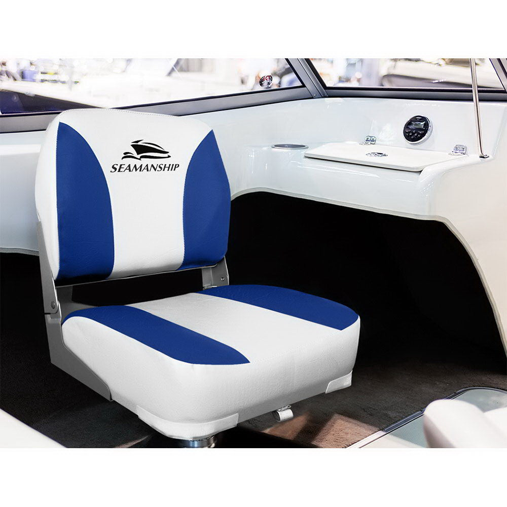 Seamanship 2X Folding Boat Seats Marine Swivel Low Back 13cm Padding White Blue-2