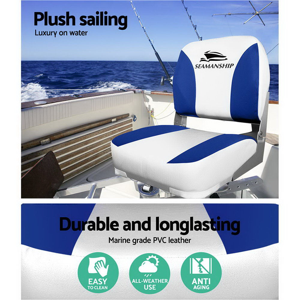 Seamanship 2X Folding Boat Seats Marine Swivel Low Back 13cm Padding White Blue-3