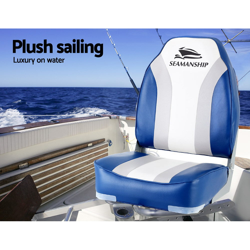 Seamanship 2X Folding Boat Seats Marine Seat Swivel High Back 12cm Padding Blue-4