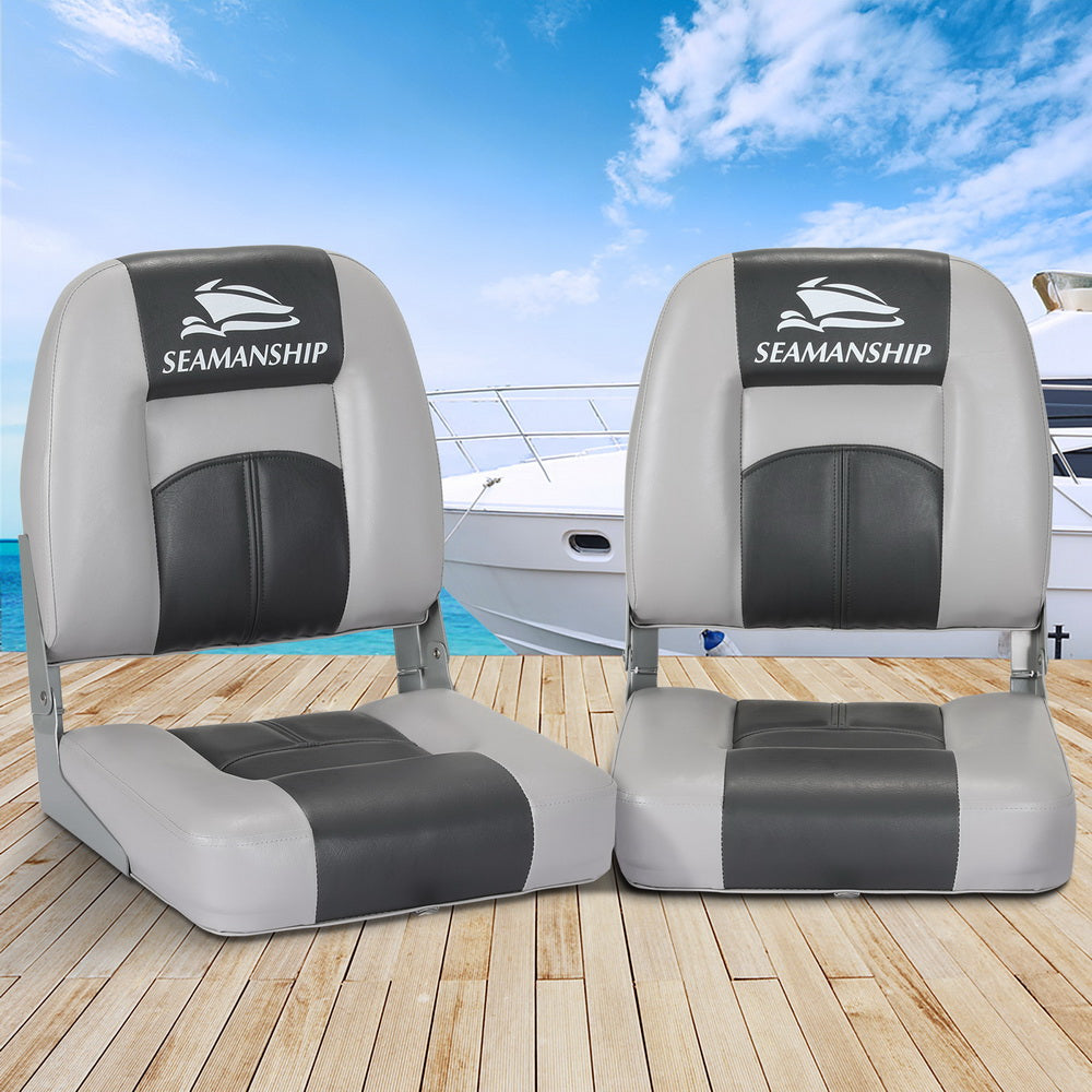 Seamanship 2X Folding Boat Seats Marine Swivel Low Back 10cm Padding Charcoal-6