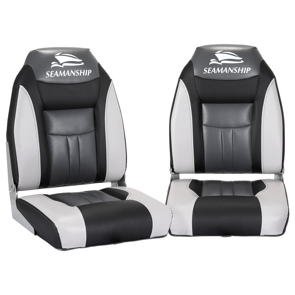 Seamanship 2X Folding Boat Seats Marine Seat Swivel High Back 12cm Padding Black-0