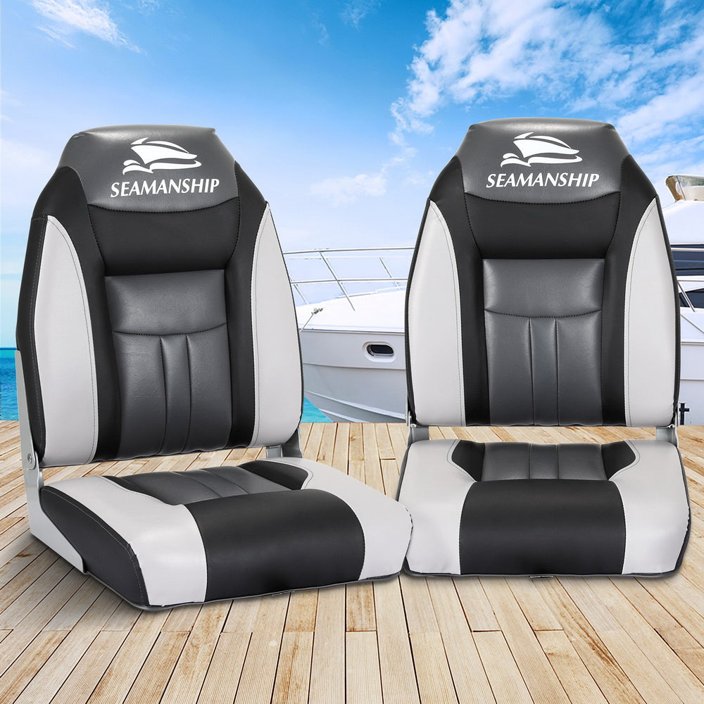 Seamanship 2X Folding Boat Seats Marine Seat Swivel High Back 12cm Padding Black-7