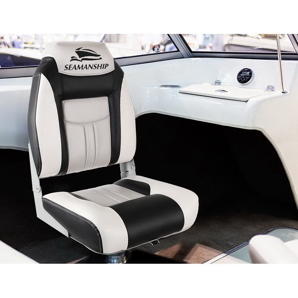 Seamanship 2X Folding Boat Seats Marine Seat Swivel High Back 12cm Padding Grey-2