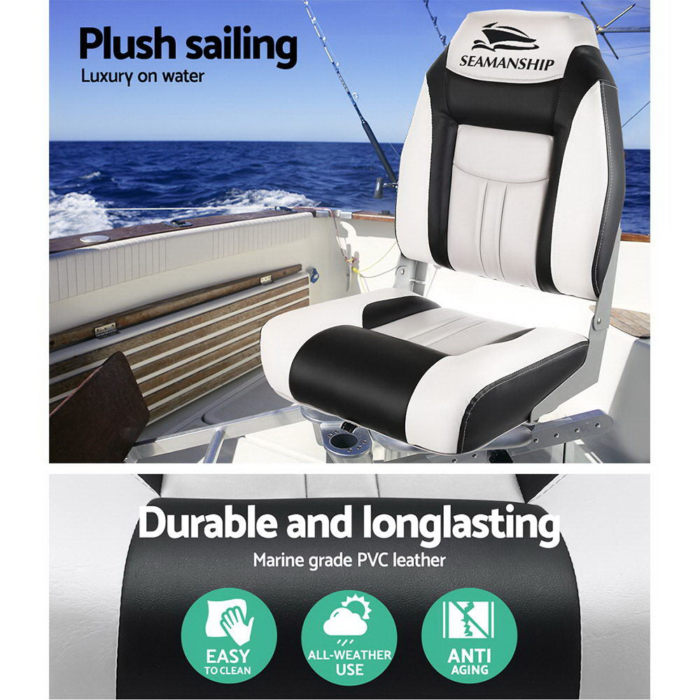 Seamanship 2X Folding Boat Seats Marine Seat Swivel High Back 12cm Padding Grey-3