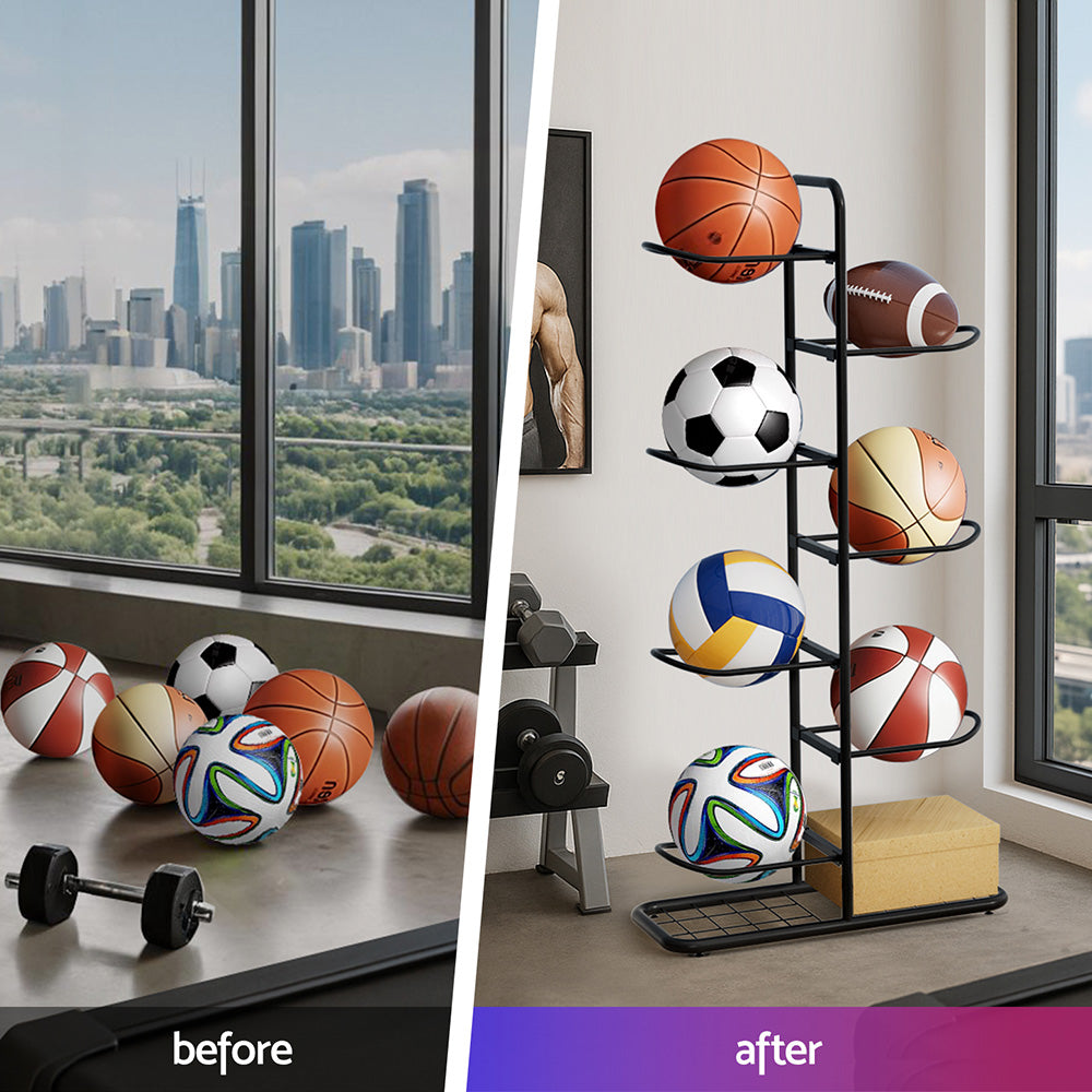 Everfit Ball Storage Rack Sports Equipment Organizer 7-Tier Holder for Garage Gym Black-3