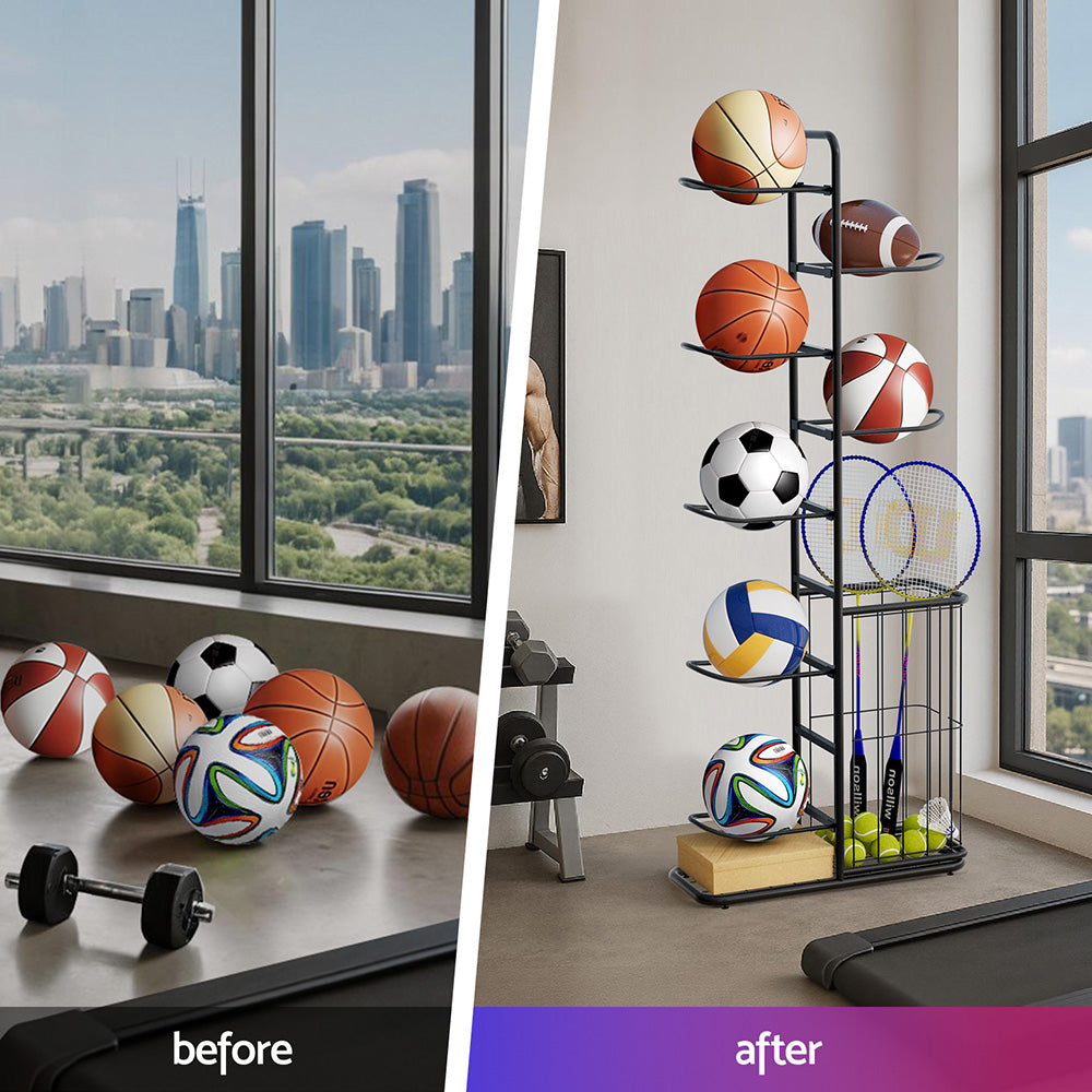 Everfit Ball Storage Rack Sports Equipment Organizer 7-Tier with Basket for Garage Gym Black-3