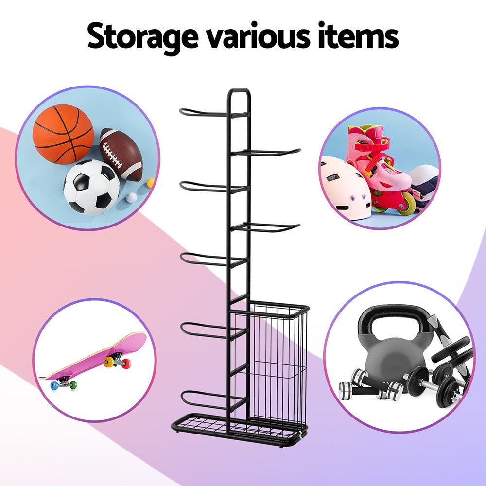 Everfit Ball Storage Rack Sports Equipment Organizer 7-Tier with Basket for Garage Gym Black-4
