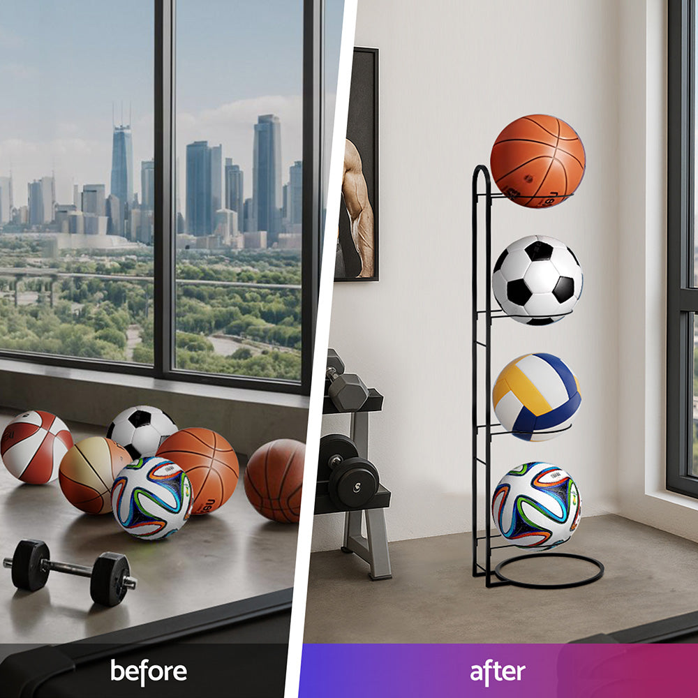 Everfit Ball Storage Rack Sports Equipment Organizer 4-Tier Holder for Garage Gym Black-3