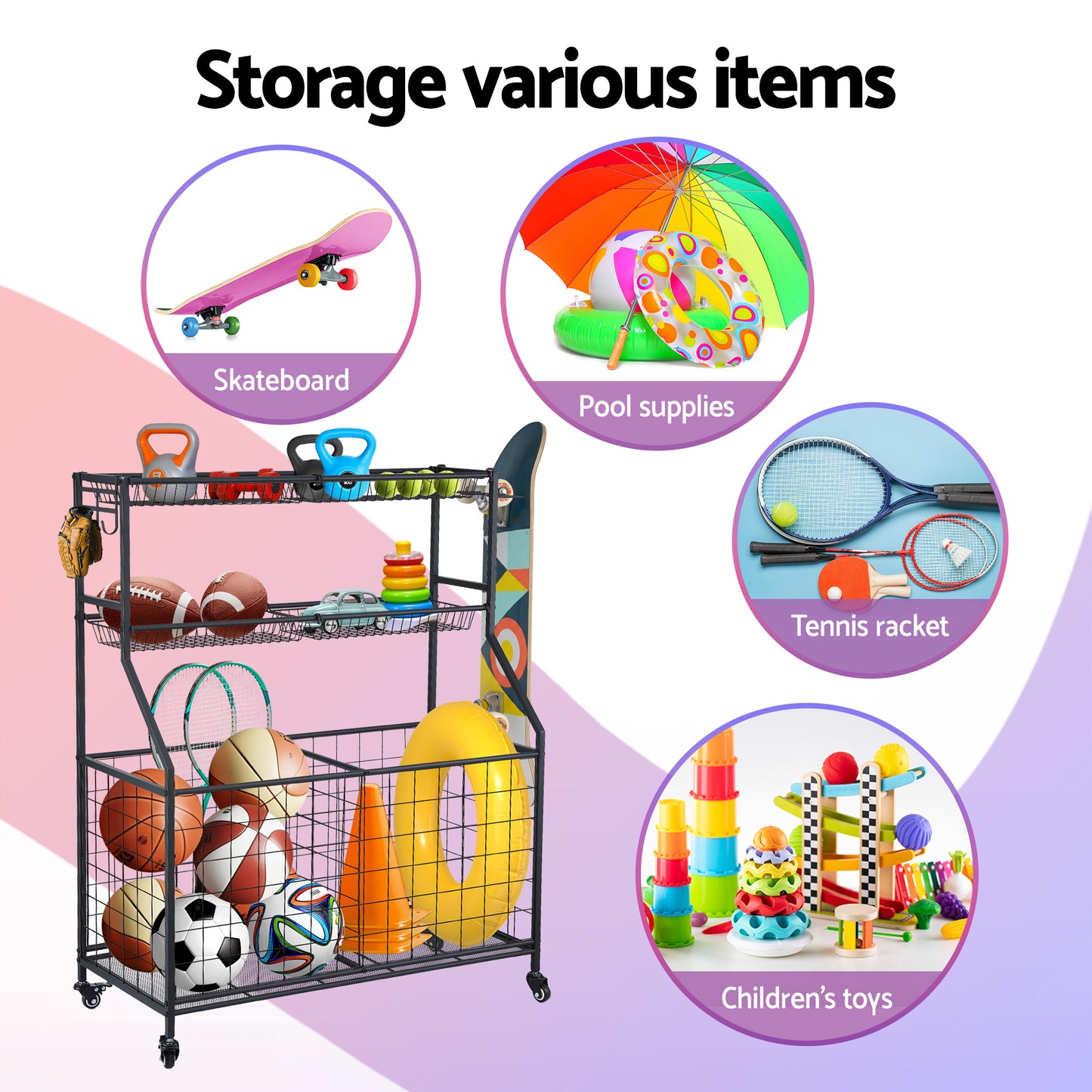 Everfit Sports Equipment Organizer Storage with Wheels Multi-Sport Garage Gym Black-3