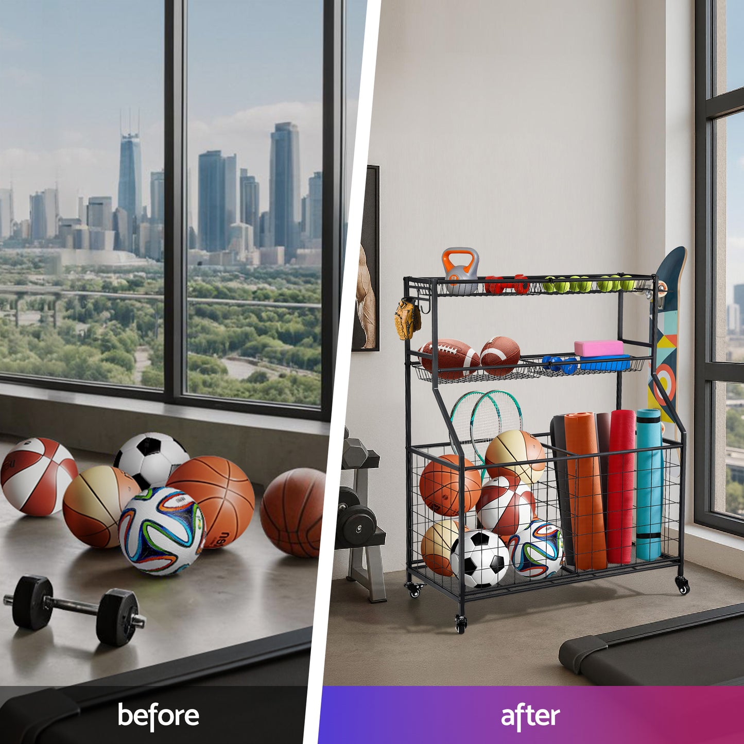 Everfit Sports Equipment Organizer Storage with Wheels Multi-Sport Garage Gym Black-4