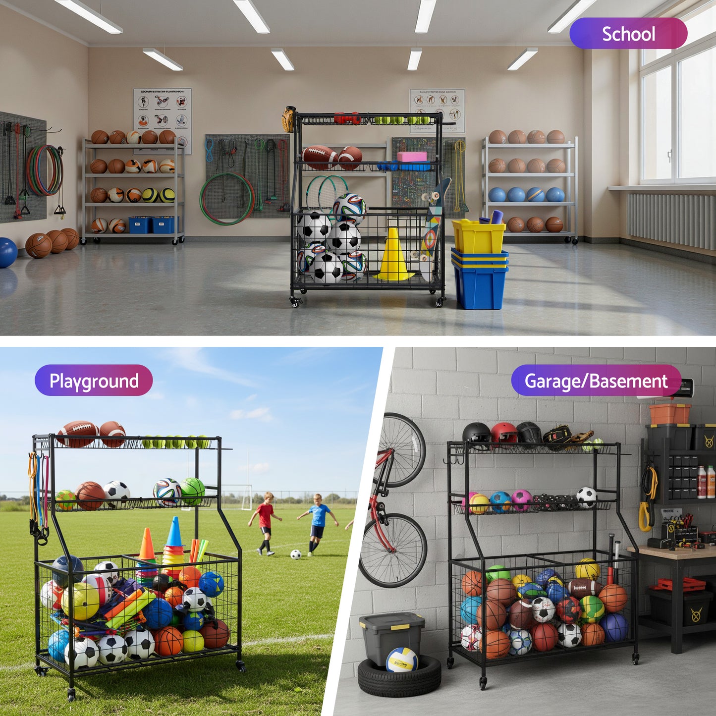 Everfit Sports Equipment Organizer Storage with Wheels Multi-Sport Garage Gym Black-5