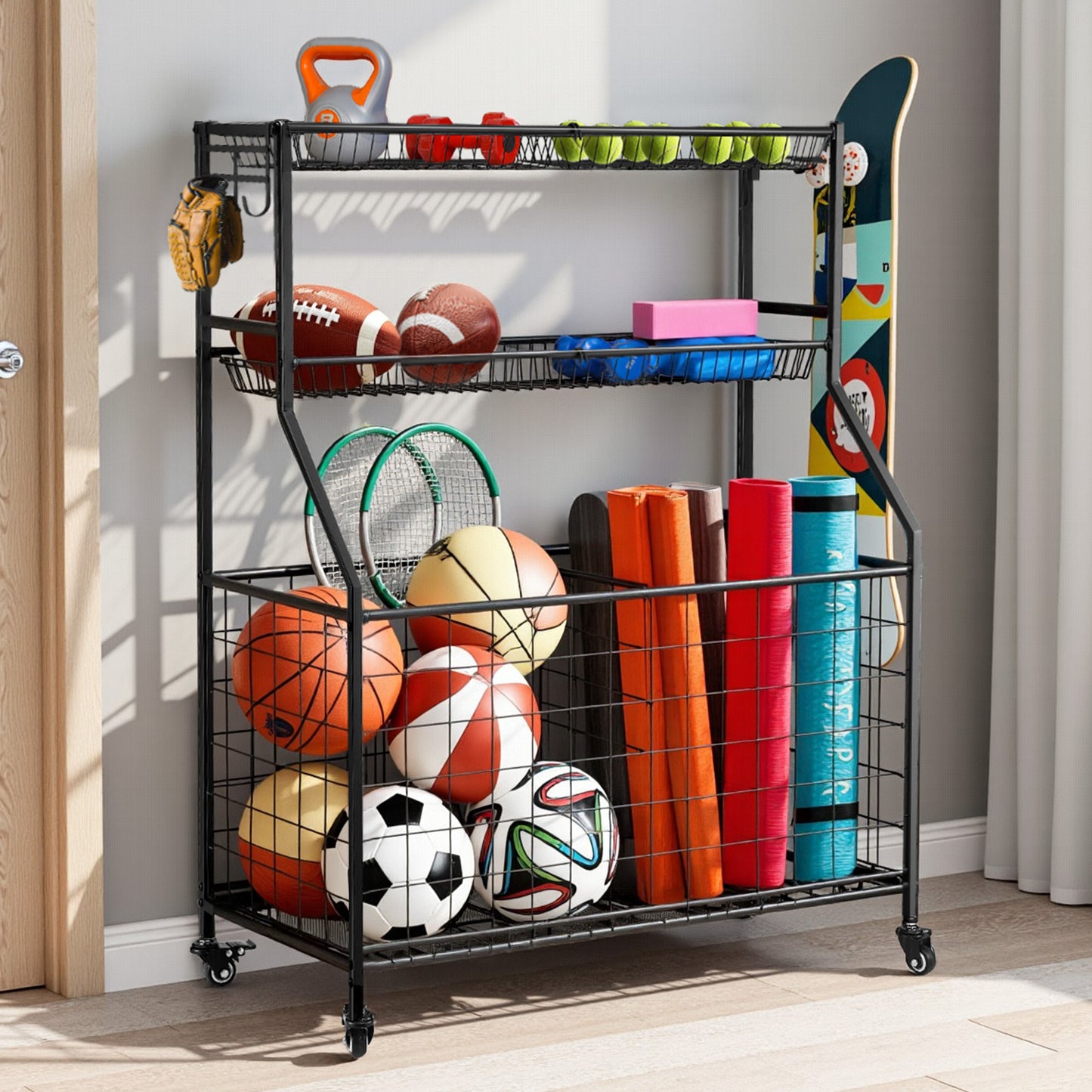 Everfit Sports Equipment Organizer Storage with Wheels Multi-Sport Garage Gym Black-6