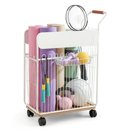 Everfit Yoga Mat Storage Rack Mobile Holder with Wheels Basket Home Gym Storage Organizer White-0