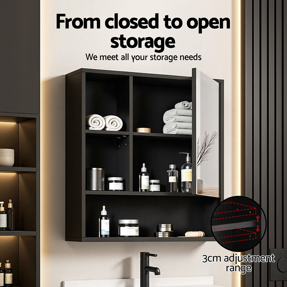Cefito Bathroom Mirror Cabinet Mirrored Medicine Adjustable Shelf Wall Mounted 560mm Black-5