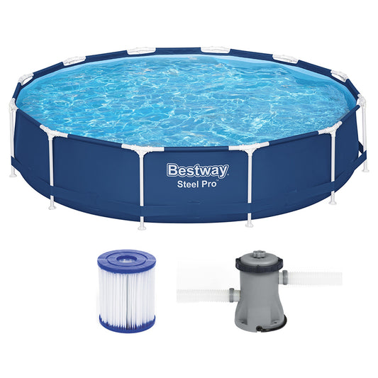 Bestway Swimming Pool 366x76cm Steel Frame Round Above Ground Pools w/ Filter Pump 6473L-0