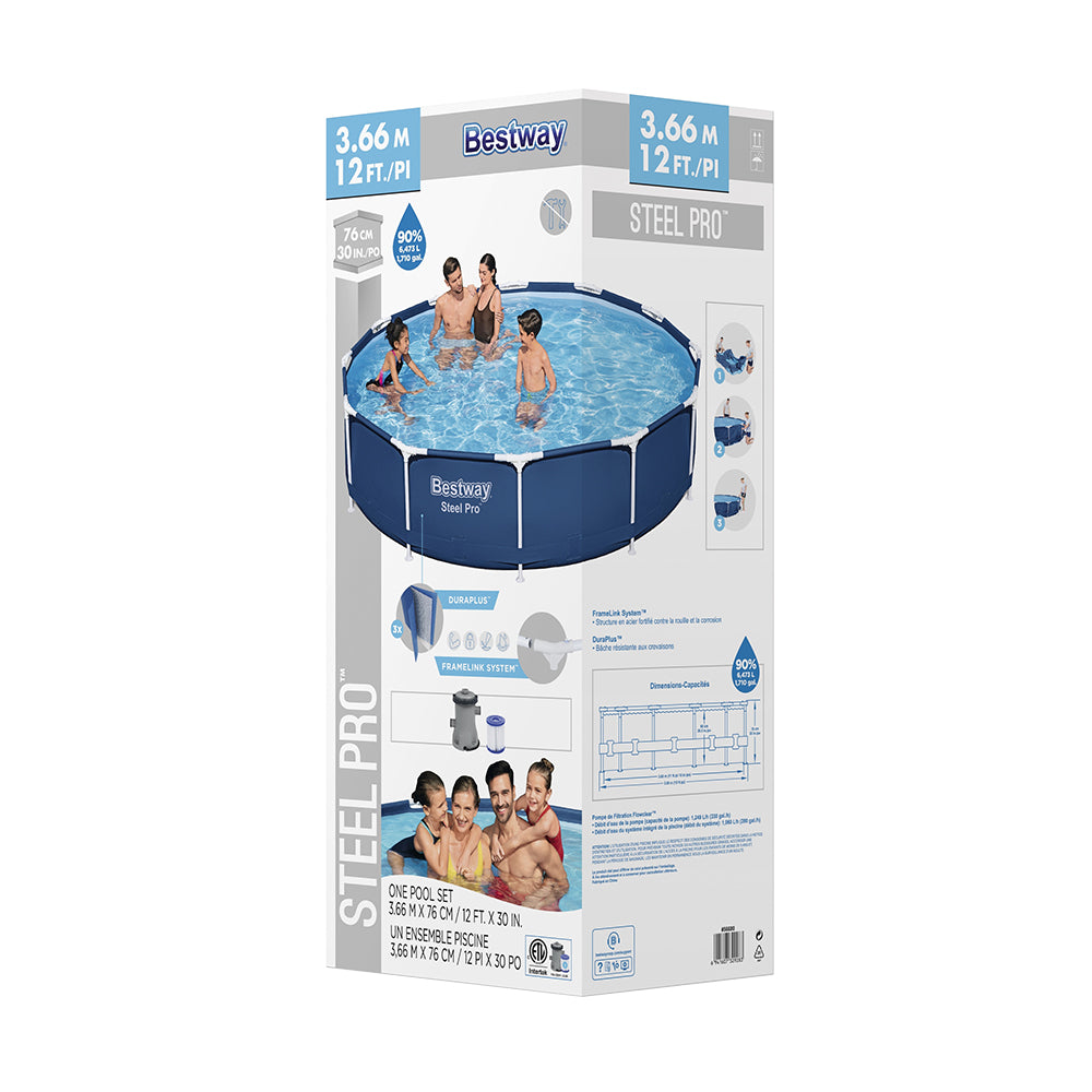 Bestway Swimming Pool 366x76cm Steel Frame Round Above Ground Pools w/ Filter Pump 6473L-3