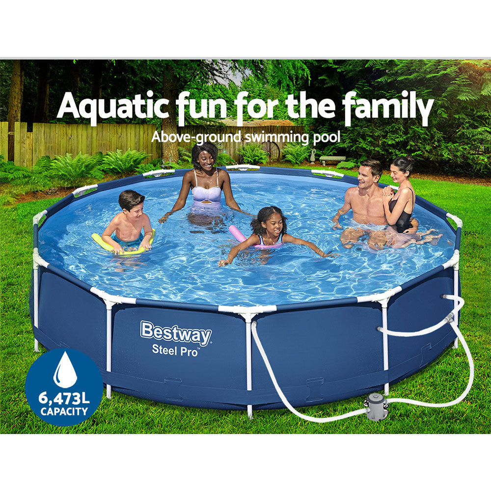 Bestway Swimming Pool 366x76cm Steel Frame Round Above Ground Pools w/ Filter Pump 6473L-4