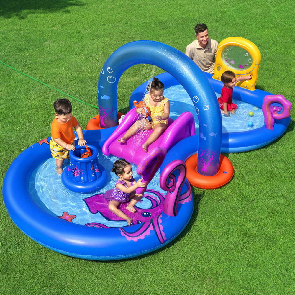 Bestway Kids Inflatable Play Splash Pool with Slide Ball Tossing Toys Coral Basket-6