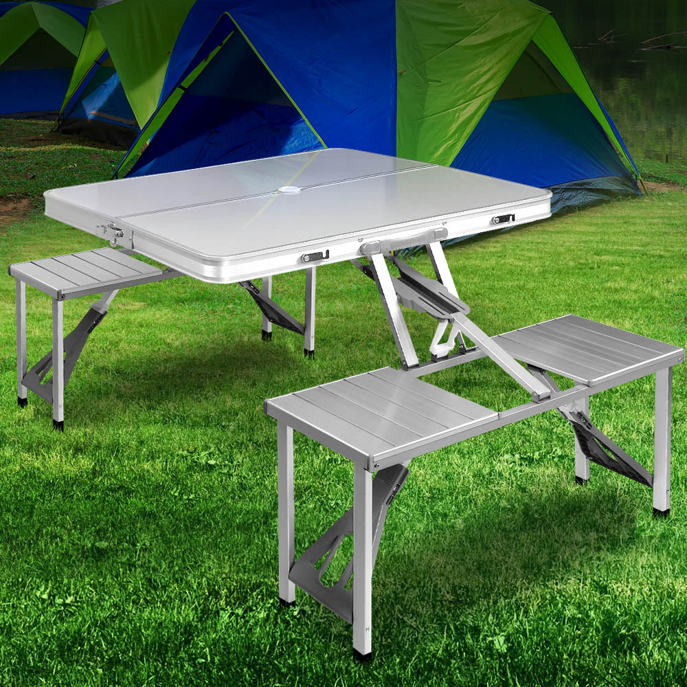 Weisshorn Folding Camping Table Outdoor Picnic BBQ With 2 Bench Chairs Set-7