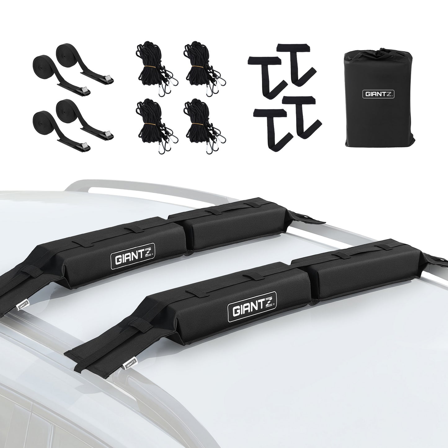 GIANTZ Kayak Roof Rack for Car, Universal Soft Roof Rack Pads for Surfboard SUP Canoe, Roof Bars for SUV Sedan without Side Rails, Portable Cross Bars with 4.5m Tie Down Straps & Ropes, 80kg Capacity-0
