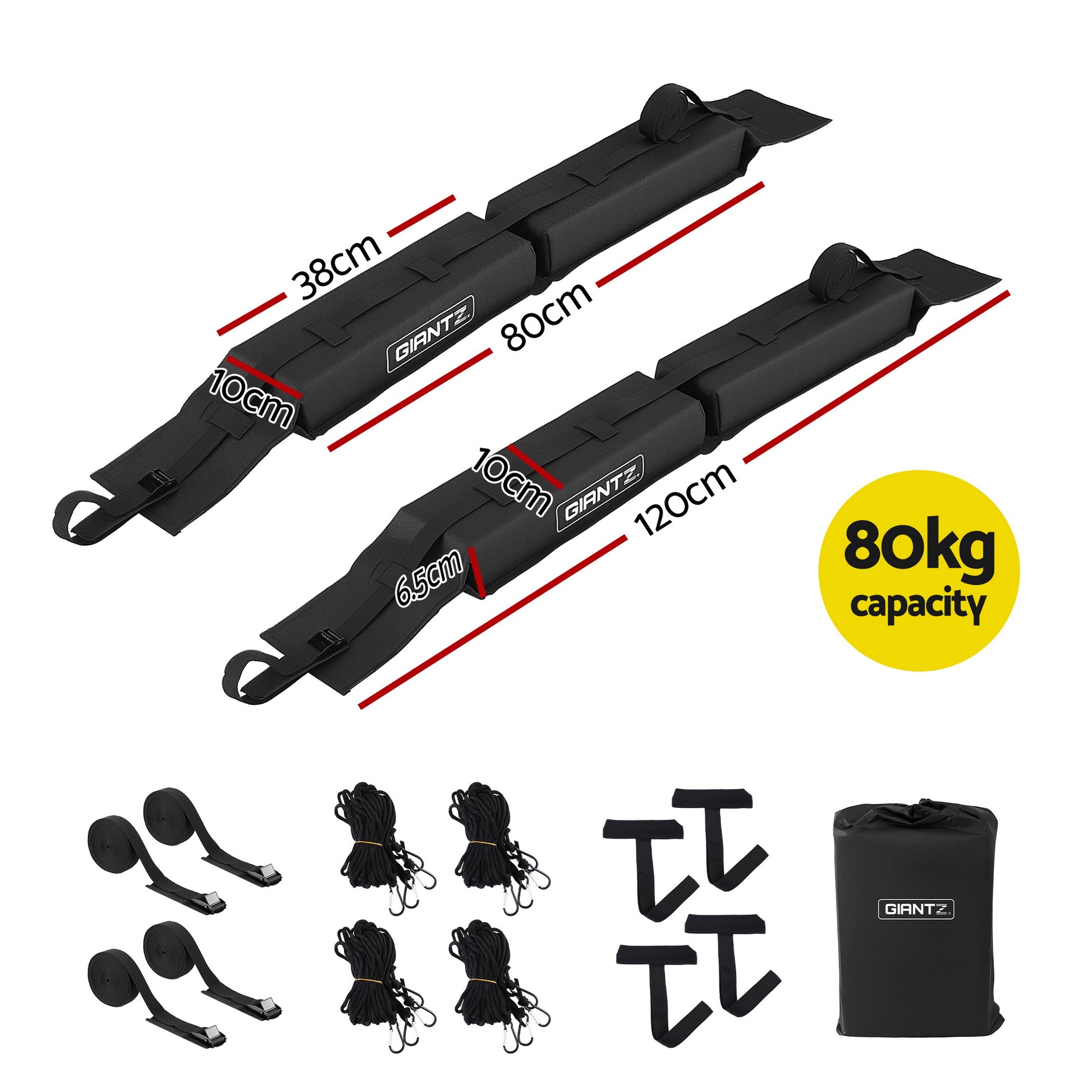 GIANTZ Kayak Roof Rack for Car, Universal Soft Roof Rack Pads for Surfboard SUP Canoe, Roof Bars for SUV Sedan without Side Rails, Portable Cross Bars with 4.5m Tie Down Straps & Ropes, 80kg Capacity-1