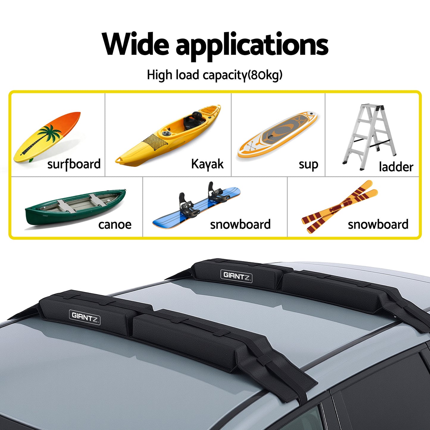 GIANTZ Kayak Roof Rack for Car, Universal Soft Roof Rack Pads for Surfboard SUP Canoe, Roof Bars for SUV Sedan without Side Rails, Portable Cross Bars with 4.5m Tie Down Straps & Ropes, 80kg Capacity-4