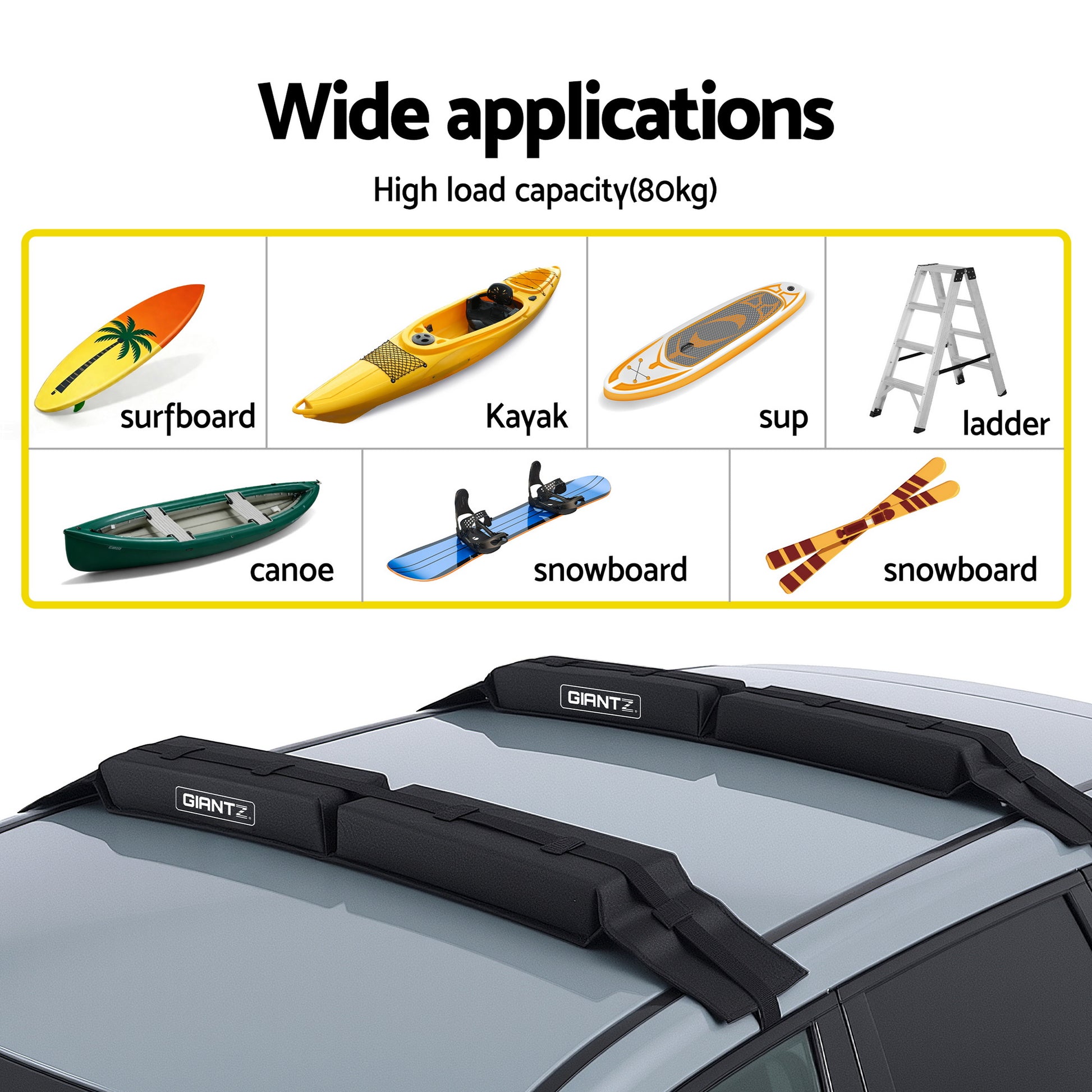 GIANTZ Kayak Roof Rack for Car, Universal Soft Roof Rack Pads for Surfboard SUP Canoe, Roof Bars for SUV Sedan without Side Rails, Portable Cross Bars with 4.5m Tie Down Straps & Ropes, 80kg Capacity-4