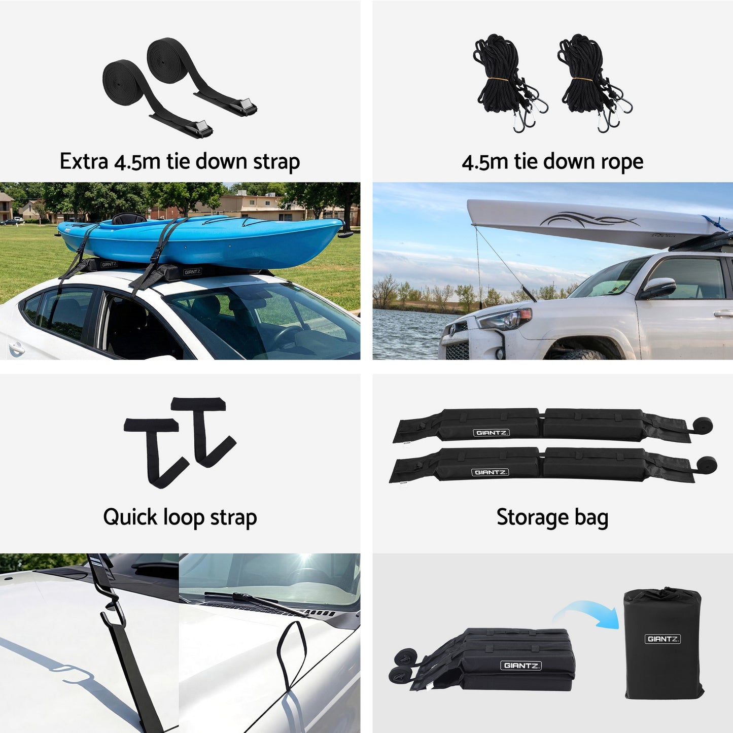 GIANTZ Kayak Roof Rack for Car, Universal Soft Roof Rack Pads for Surfboard SUP Canoe, Roof Bars for SUV Sedan without Side Rails, Portable Cross Bars with 4.5m Tie Down Straps & Ropes, 80kg Capacity-6