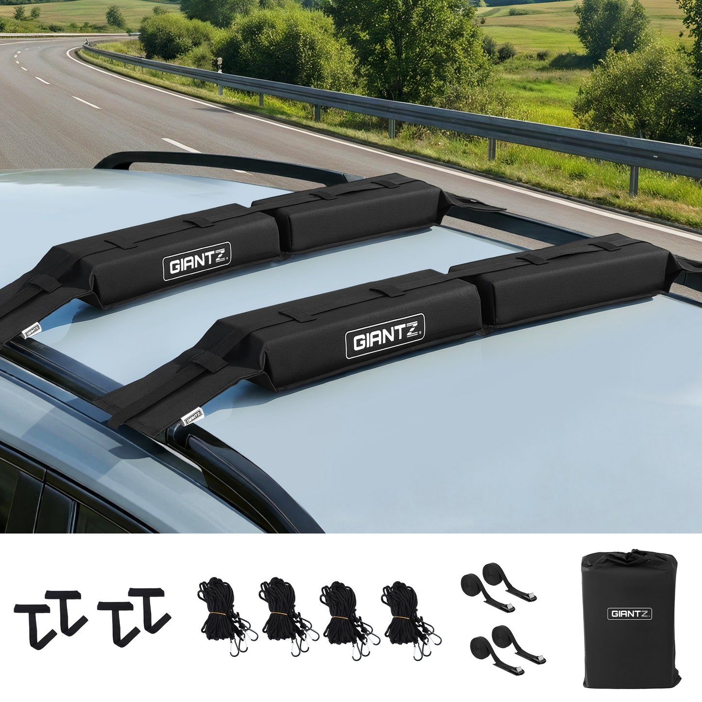 GIANTZ Kayak Roof Rack for Car, Universal Soft Roof Rack Pads for Surfboard SUP Canoe, Roof Bars for SUV Sedan without Side Rails, Portable Cross Bars with 4.5m Tie Down Straps & Ropes, 80kg Capacity-9