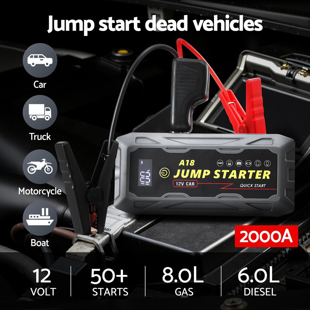 Giantz 2000A Portable Car Jump Starter 12V Lithium Battery Booster Pack Power Bank & Jumper Cables-3