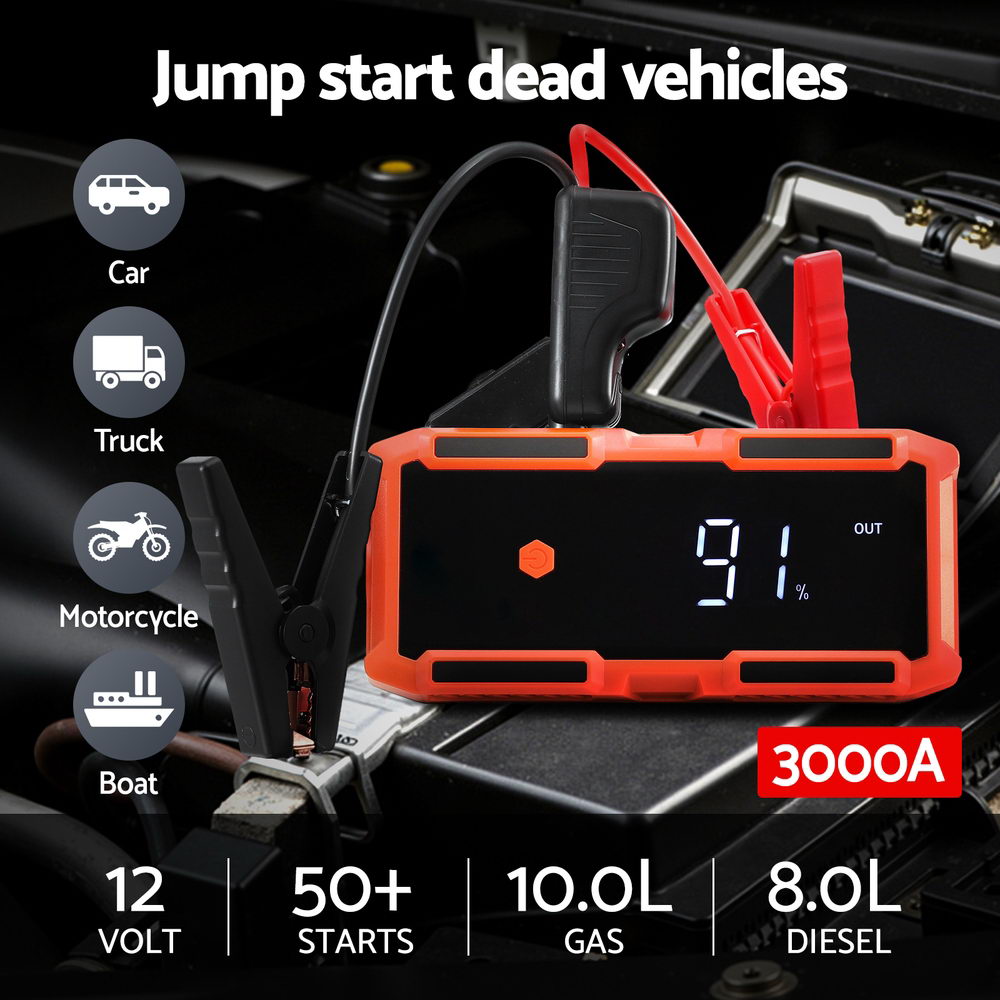 Giantz 3000A Portable Car Jump Starter 12V Lithium Battery Booster Pack Power Bank & Jumper Cables-3