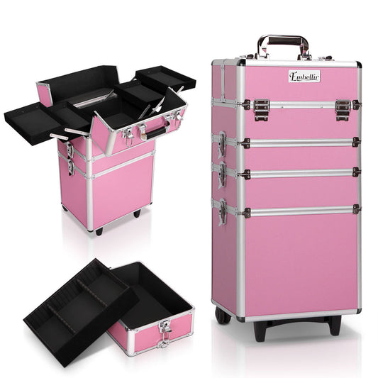 Embellir Makeup Case Beauty Trolley Cosmetic Organiser Box Travel Wheels Pink-0