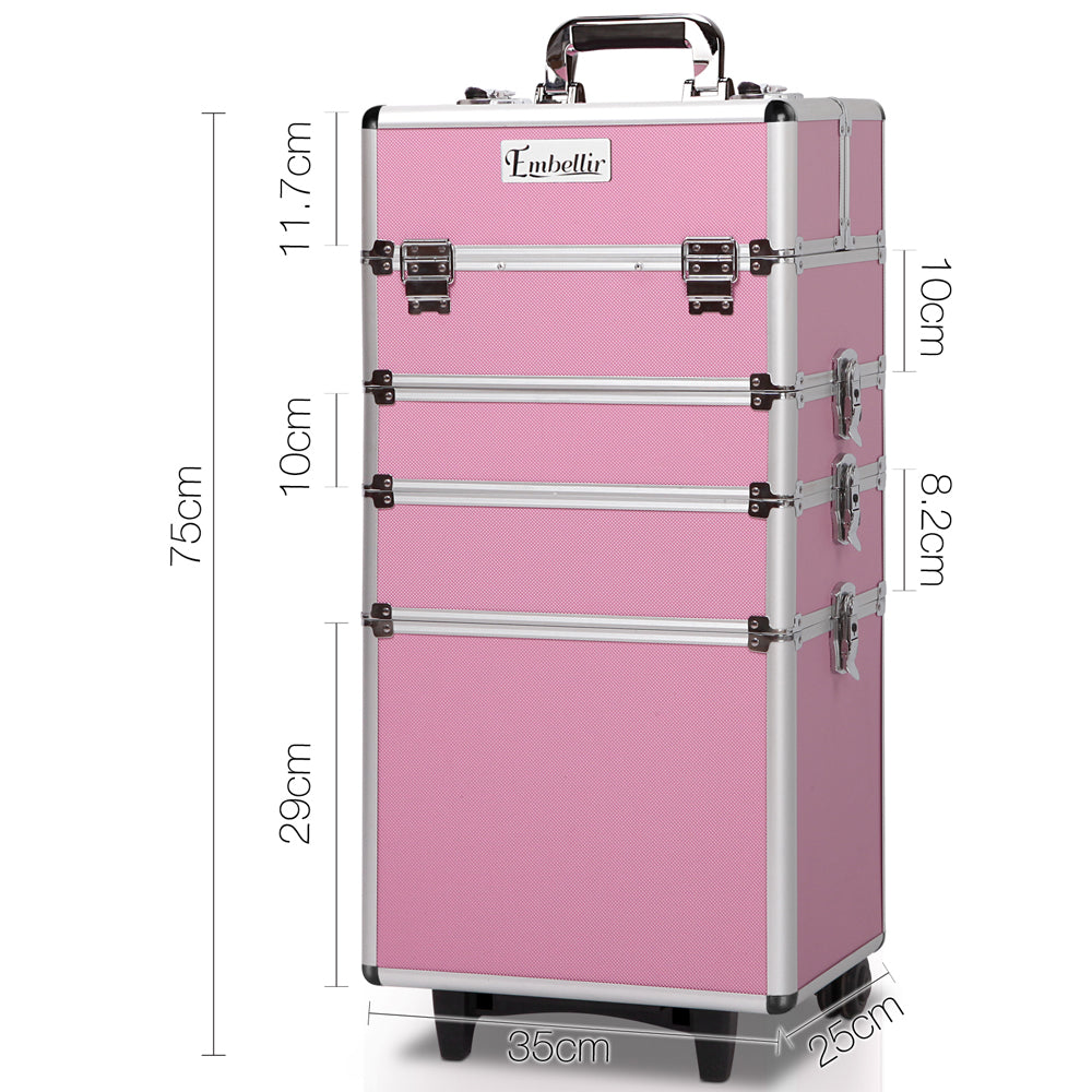 Embellir Makeup Case Beauty Trolley Cosmetic Organiser Box Travel Wheels Pink-1