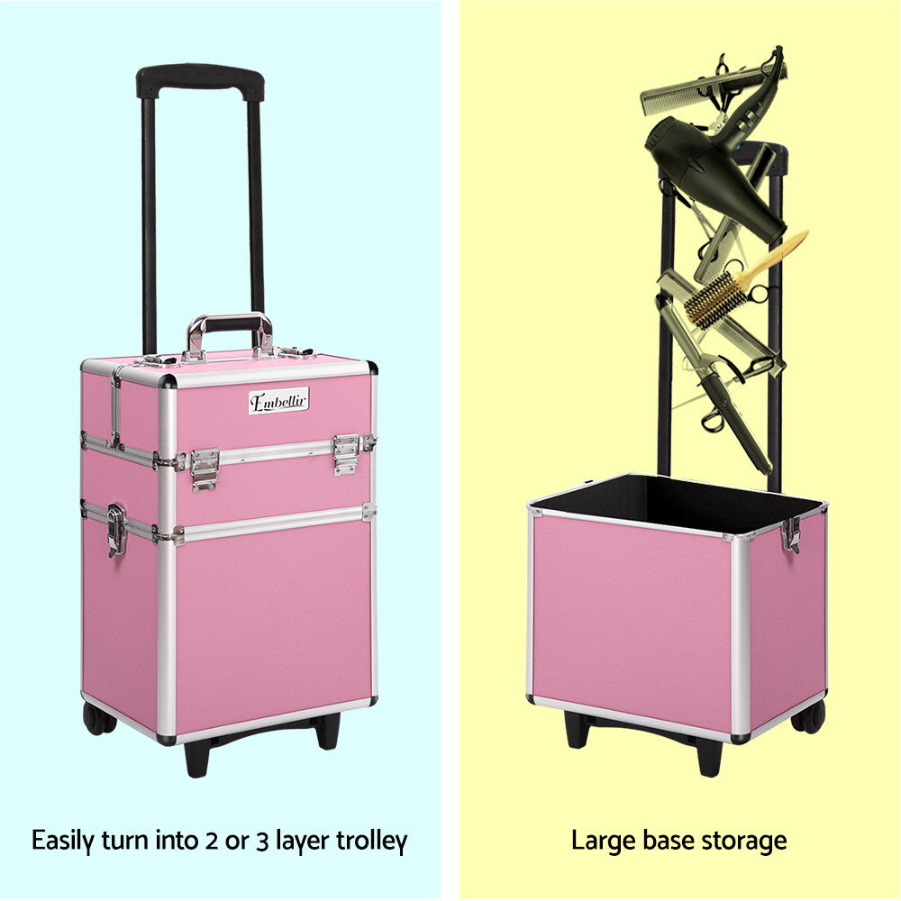 Embellir Makeup Case Beauty Trolley Cosmetic Organiser Box Travel Wheels Pink-4