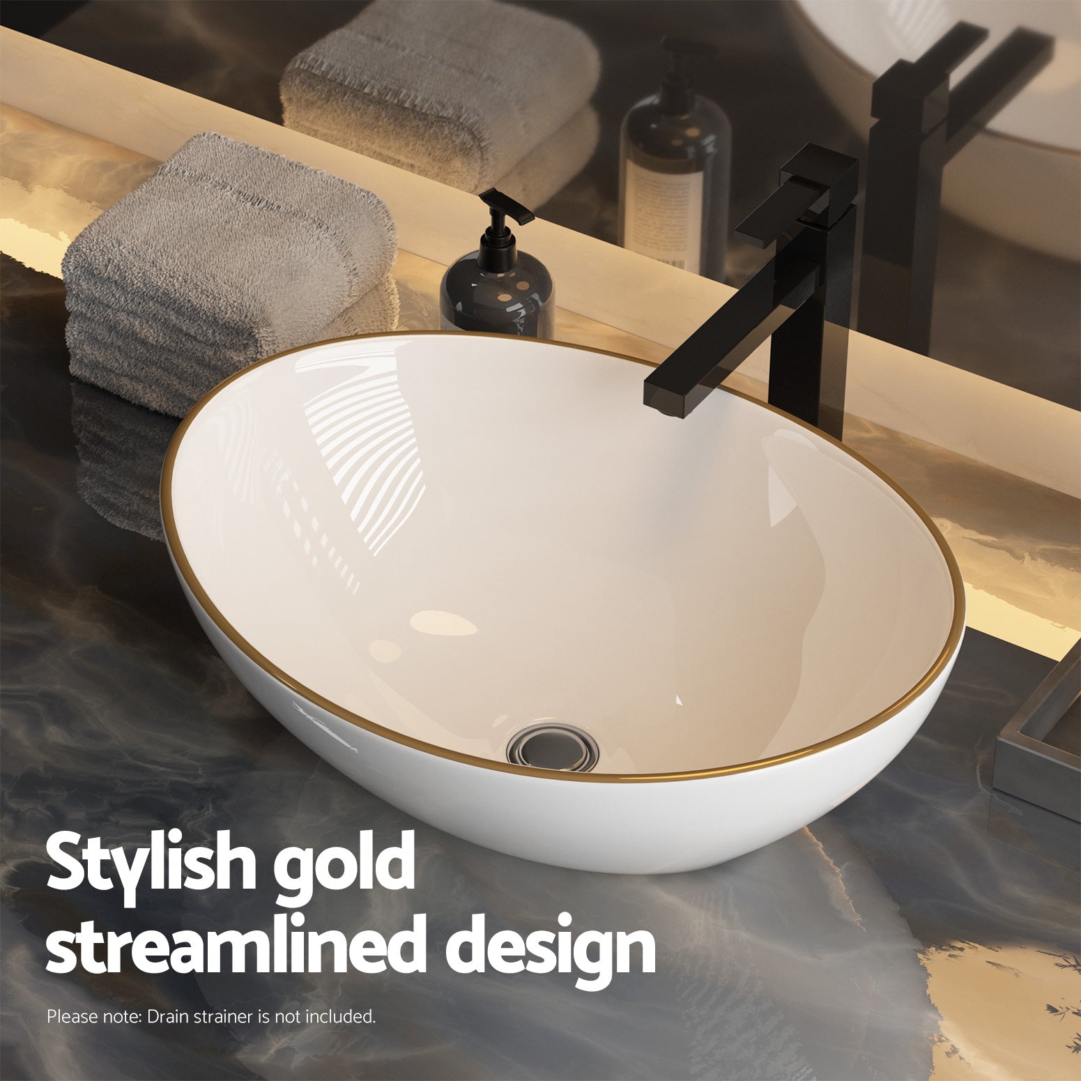 Cefito Bathroom Basin Ceramic Vanity Sink Hand Wash Bowl Gold Line 41x34cm-3