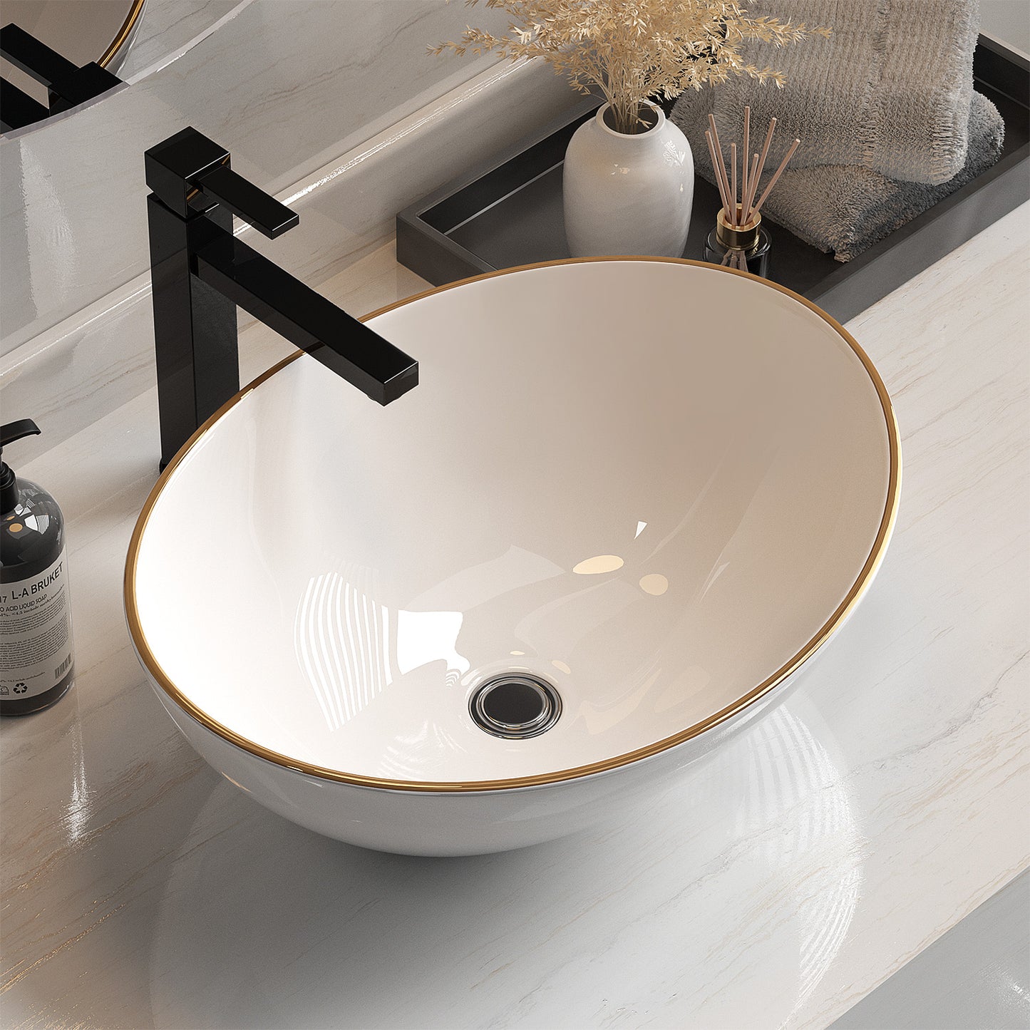 Cefito Bathroom Basin Ceramic Vanity Sink Hand Wash Bowl Gold Line 41x34cm-6