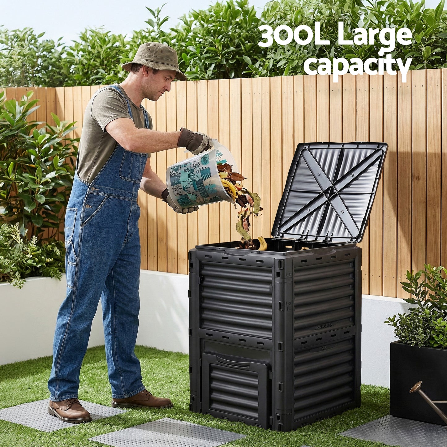 Gardeon Compost Bin 300L Heavy-Duty Black Outdoor Composter with Top Lid Bottom Door