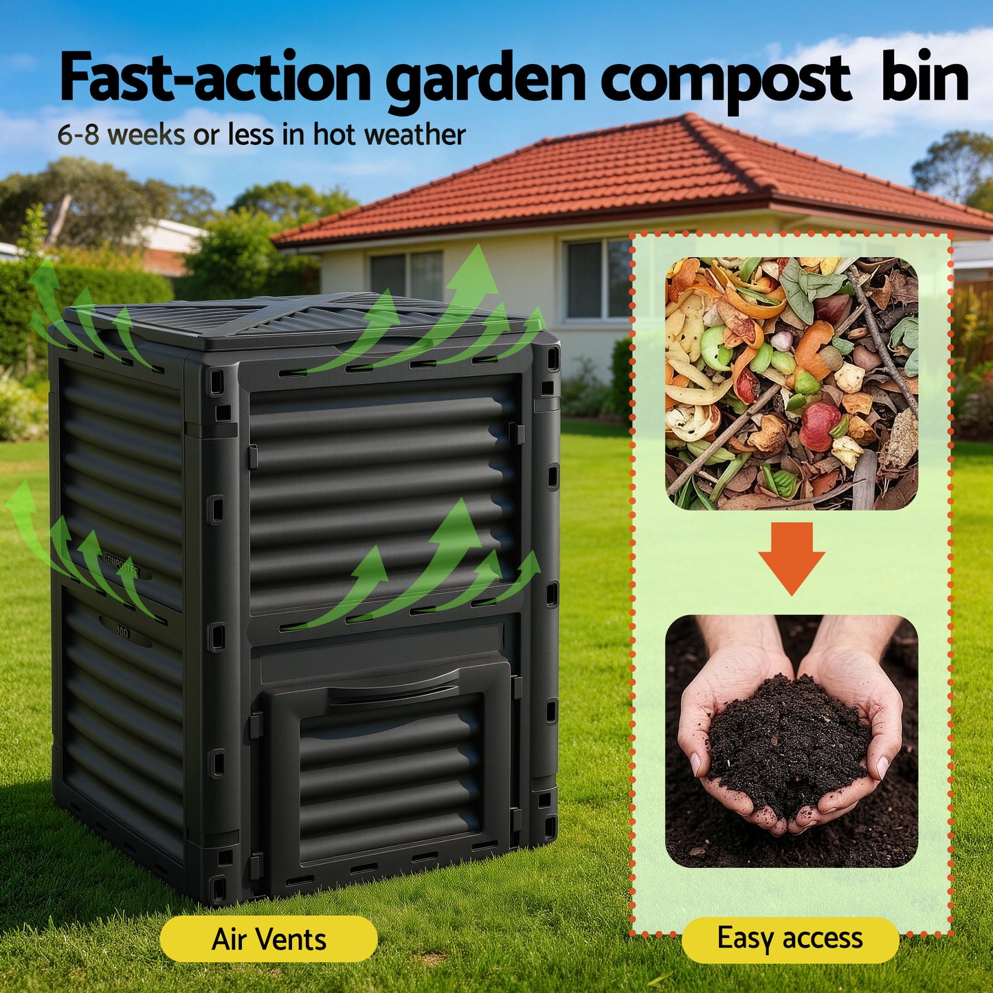 Gardeon Compost Bin 300L Heavy-Duty Black Outdoor Composter with Top Lid Bottom Door